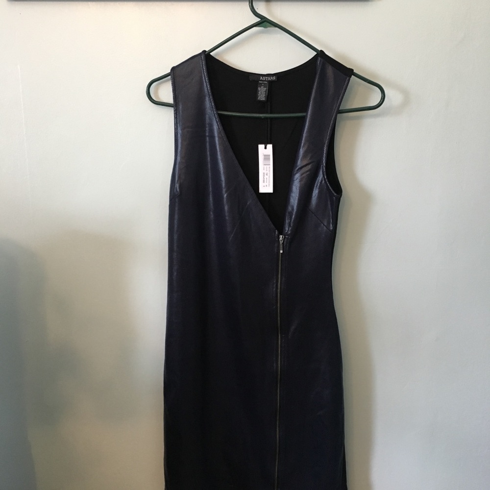 ASTARS Vegan Leather Midi Dress Navy Black Asymmetrical Zip Sleek Minimalist S - Picture 2 of 4